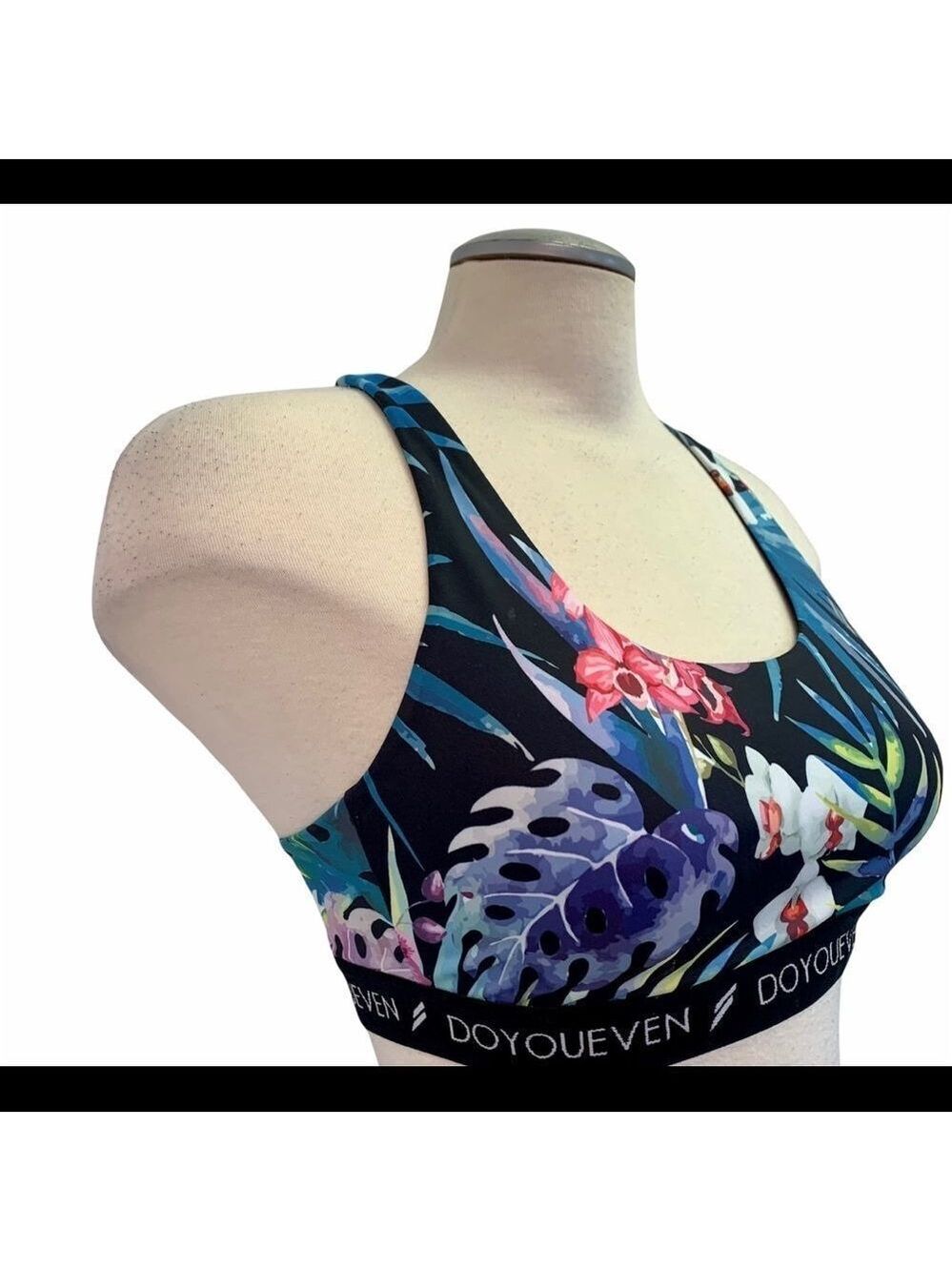 DOYOUEVEN black multicoloured floral tropical crisscross back sports bra Sz L - Picture 5 of 10